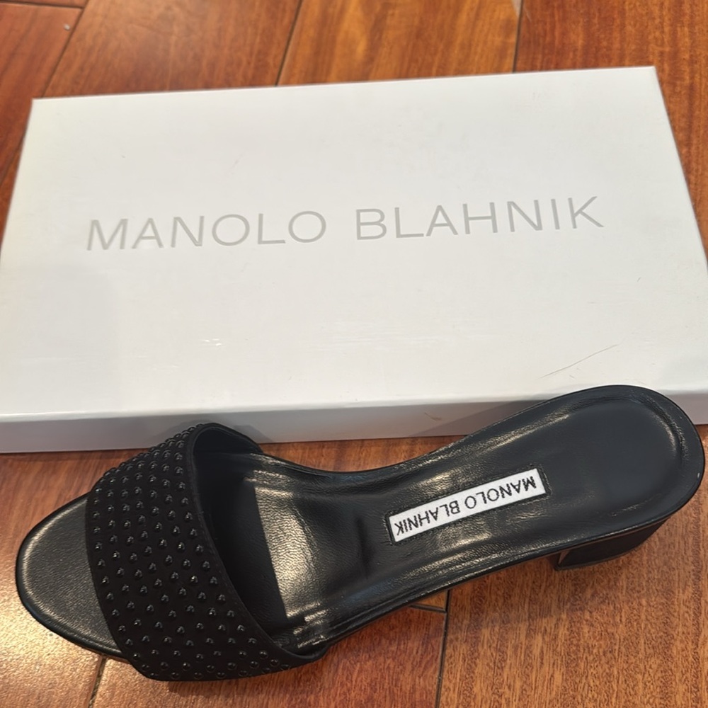 Manolo Blahnik Black Embellished Mules NWOT - Picture 2 of 8